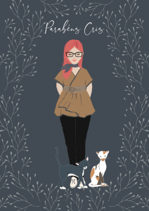 girls and her two cats ilustration with gry background